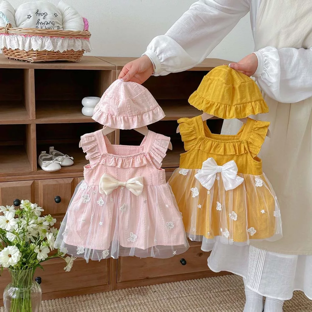 Mùa Hè Bé Gái Nơ Dễ Thương In Hình Bướm Áo Liền Quần Lưới Có Mũ 0-2 Tuổi Quần Áo Cho Bé