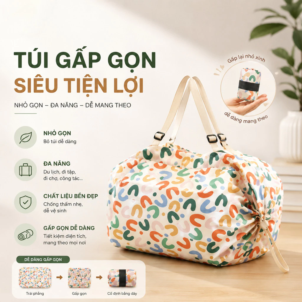 Túi Xách Đi Chợ Vải Oxford Chống Nước Tái Sử Dụng, Túi Du Lịch Gấp Gọn Siêu Nhẹ Cỡ Lớn