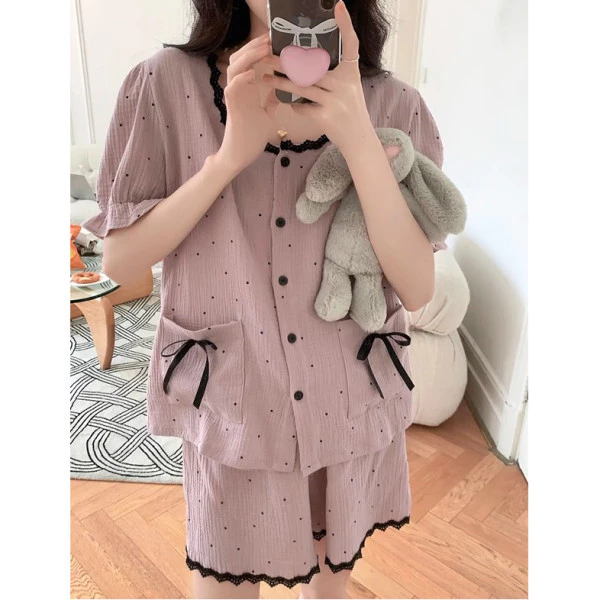 Bộ đồ ngủ nữ mùa hè phong cách công chúa tay ngắn quần short ren vải nhăn ngọt ngào đồ ngủ đồ mặc nhà