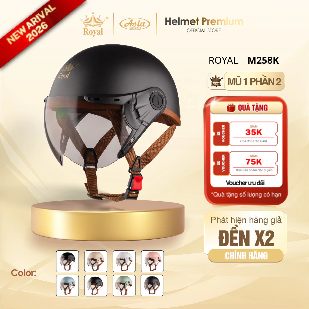 [Độc Quyền] Mũ Bảo Hiểm Nữa Đầu Có Kính Royal M258K Kính Trà, An Toàn, Thời Trang Nam Nữ Chính Hãng