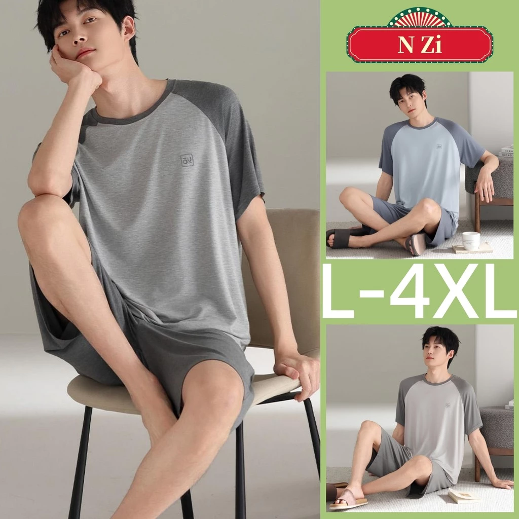 Modal Bộ Đồ Ngủ Nam Plus Kích Thước Bộ Đồ Ngủ Mùa Hè Phiên Bản Hàn Quốc Tay Ngắn Đồ Ngủ Người Đàn Ông Phong Cách Tối Giản Mặc Nhà L-4XL