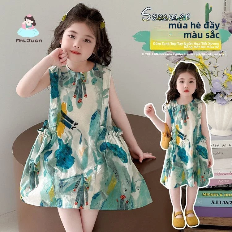 Đầm bé gái sát nách họa tiết dễ thương phong cách công chúa - váy mùa hè thoáng mát thời trang