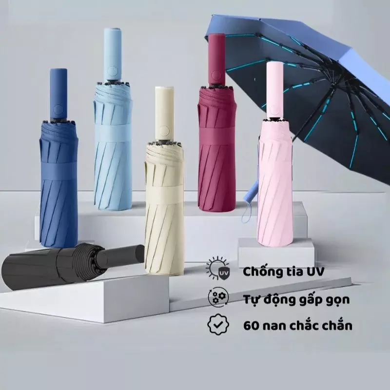 Ô Che Mưa Chống Thấm Nước Cực Tốt 60 Nan Thép Không Gỉ, Chống Trượt Tự Động Gấp Gọn Chống Tia UV