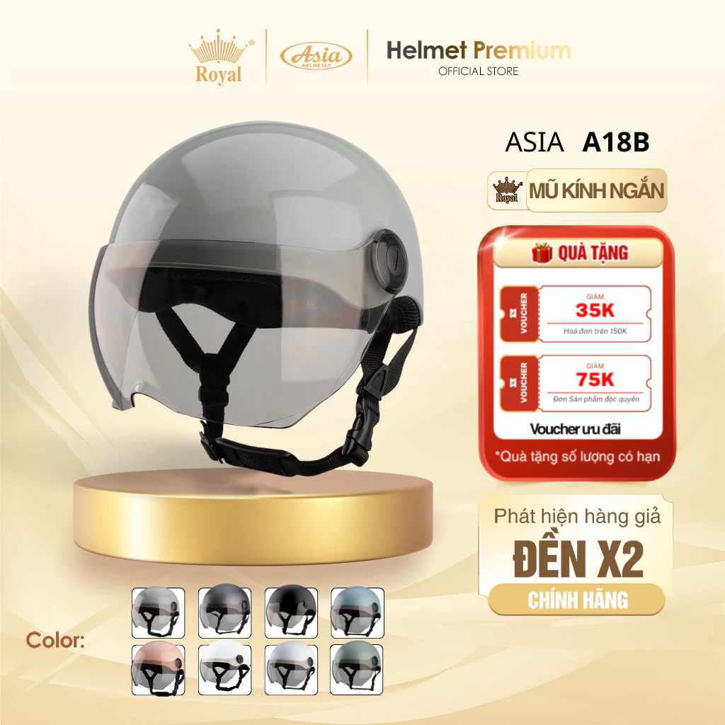 [Độc Quyền] Mũ Bảo Hiểm Nửa Đầu Asia A18B Nam Nữ Có Kính Màu Trà, Vỏ Abs, Sơn Tĩnh Điện An Toàn