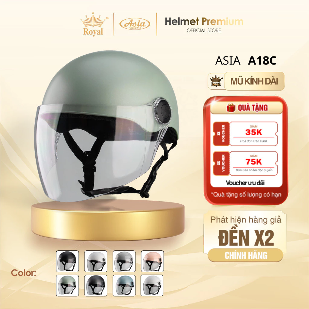 Mũ Bảo Hiểm Nam Nữ Nửa Đầu Asia A18C Kính Trắng Chống Nắng,Mũ Bảo Hiểm 1/2 Kính Chống Bụi Chính Hãng