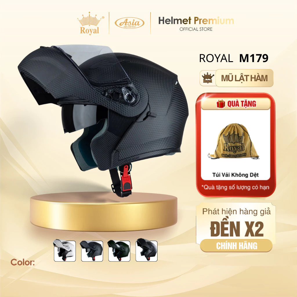 Mũ Bảo Hiểm Fullface Lật Hàm Royal M179 Màu Đen Carbon Đi Phượt, Mũ Moto 2 Kính Tiện Lợi Chính Hãng