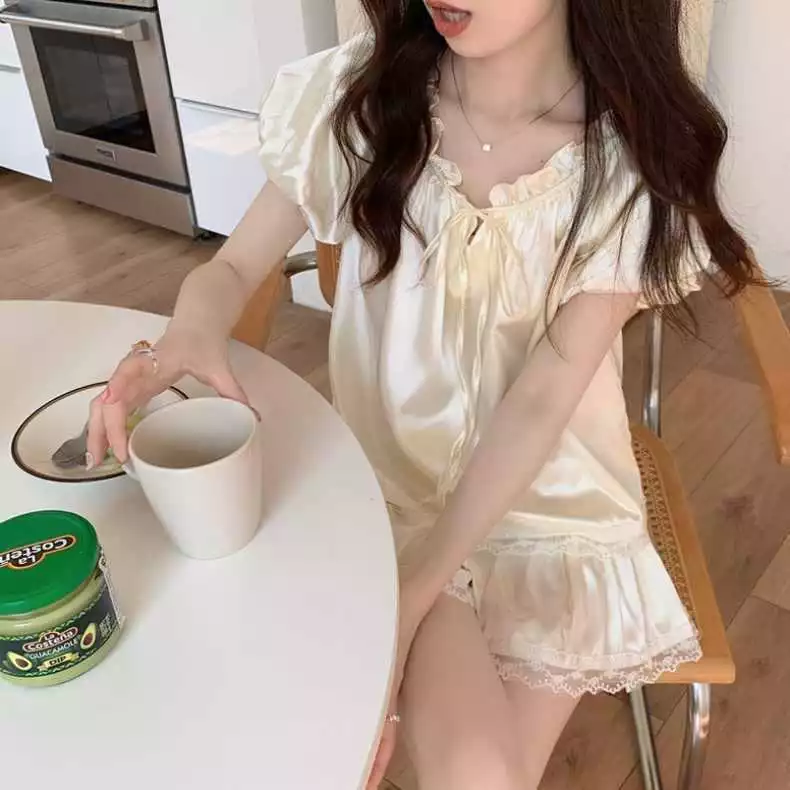 [Pre-Order]-04Bộ đồ ngủ ren lụa lạnh phong cách Pháp chất lượng cao dành cho mùa hè tay ngắn thoải mái  mẫu mới hàng QC