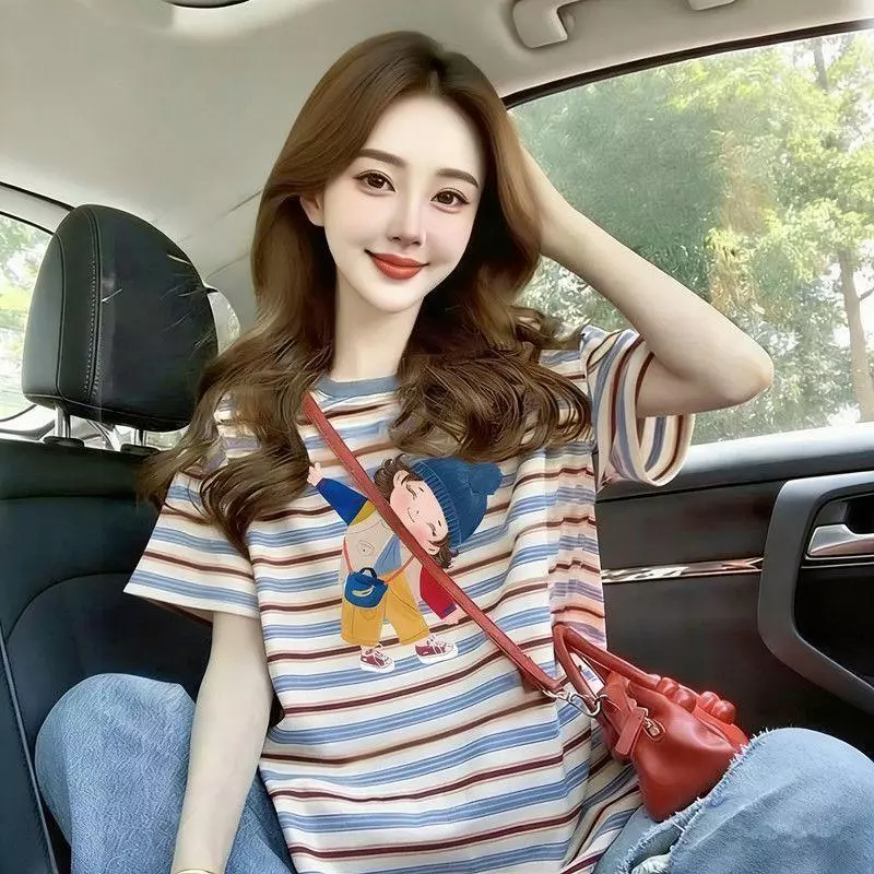 Áo thun ngắn tay sọc cổ điển kiểu Mỹ Màu sắc phù hợp với dáng rộng mỏng hơn Áo cổ tròn phù hợp [Mới