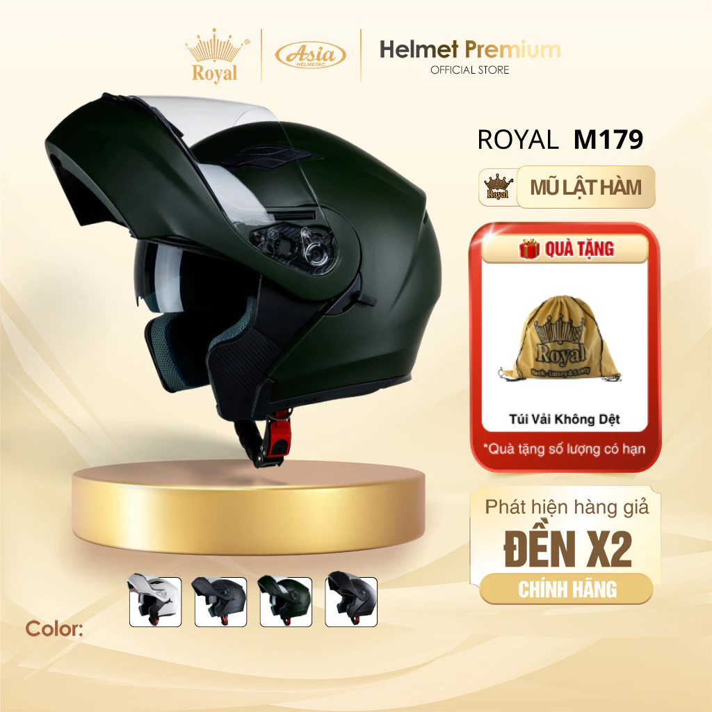Mũ Bảo Hiểm Fullface Lật Hàm Royal M179 Chính Hãng - Màu Xanh Lính, 2 Kính, Đi Phượt Bảo Hành 1 Năm