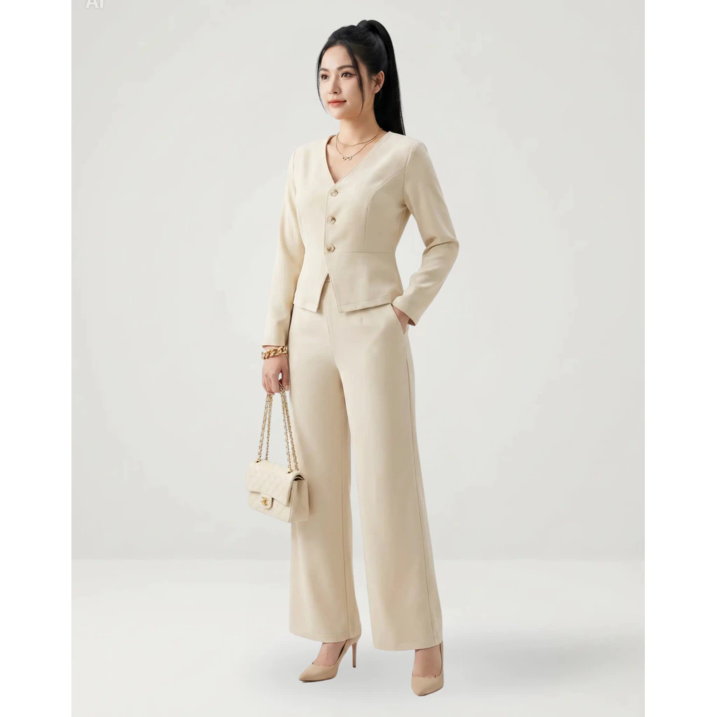 Set Bộ Vest Nữ Cổ V Sâu Cài Cúc Tay Dài Màu Kem Gồm Ao Blazer và Quần Tây, Kiểu Dáng Công Sở/Đi lLàm