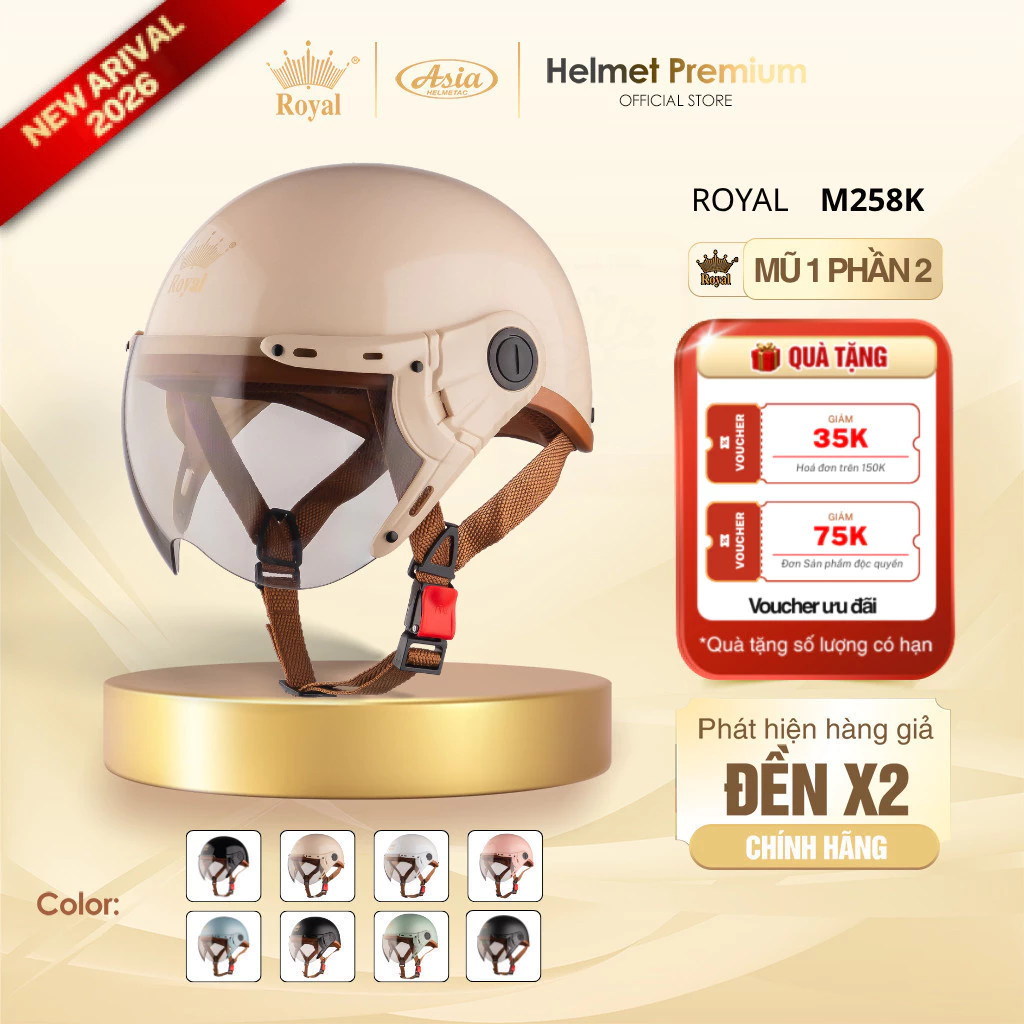 [Độc Quyền] Mũ Bảo Hiểm Nữa Đầu Có Kính Royal M258K, Nón Bảo Hiểm 1/2 Màu Sữa An Toàn Thời Trang Chính Hãng