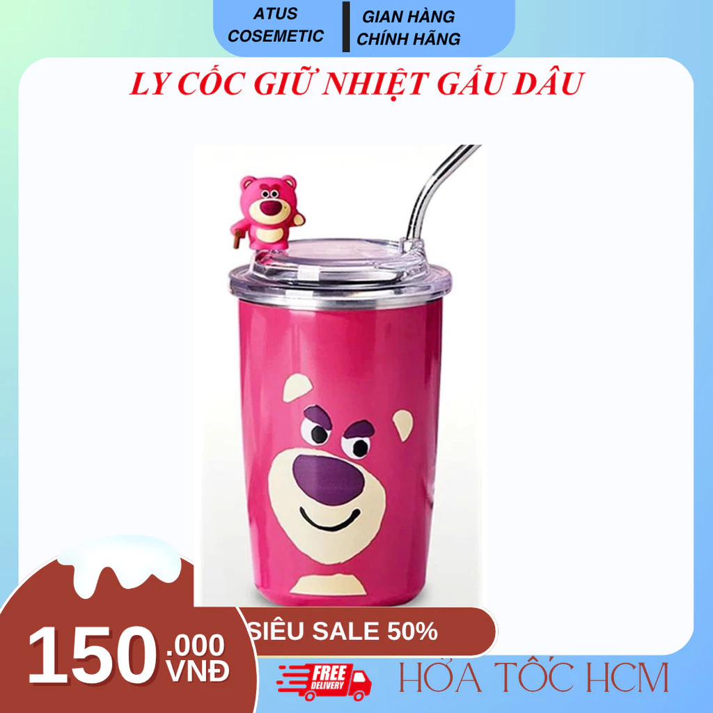 Ly cốc giữ nhiệt gấu dâu Losto siêu đẹp lõi Inox 304 450ml
