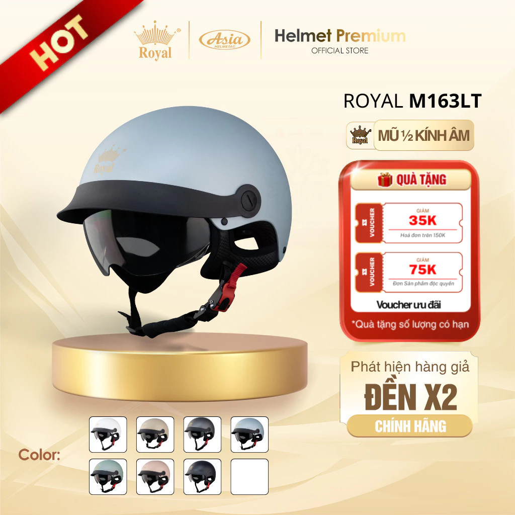 Mũ Bảo Hiểm Nữa Đầu Royal M163 Kính Đen Lưỡi Trai Chính Hãng, Nón Bảo Hiểm 1/2 Kính Âm Thời Trang