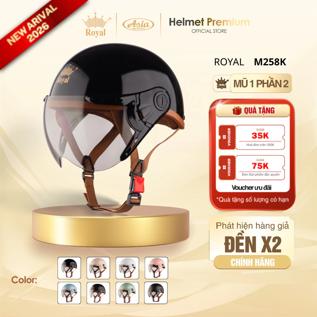 [Độc Quyền] Mũ Bảo Hiểm Nữa Đầu Có Kính Royal M258K Kính Trà, Nón Sơn Tĩnh Điện Nhiều Màu Chính Hãng