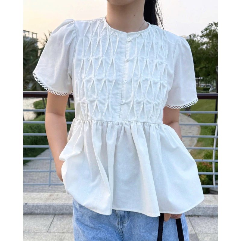 CICI TOP- Áo Babydoll Xếp Ly Ngực, Áo Sơ Mi Xếp Ly Linen Mya House