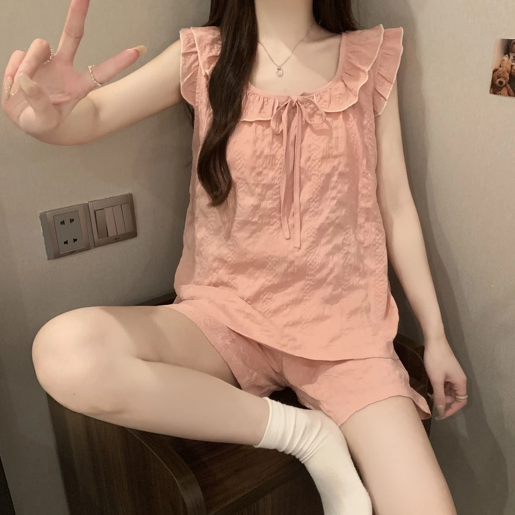 Bộ đồ ngủ nữ mùa hè có đệm ngực phối ren cotton mềm mại phong cách ngọt ngào mặc nhà