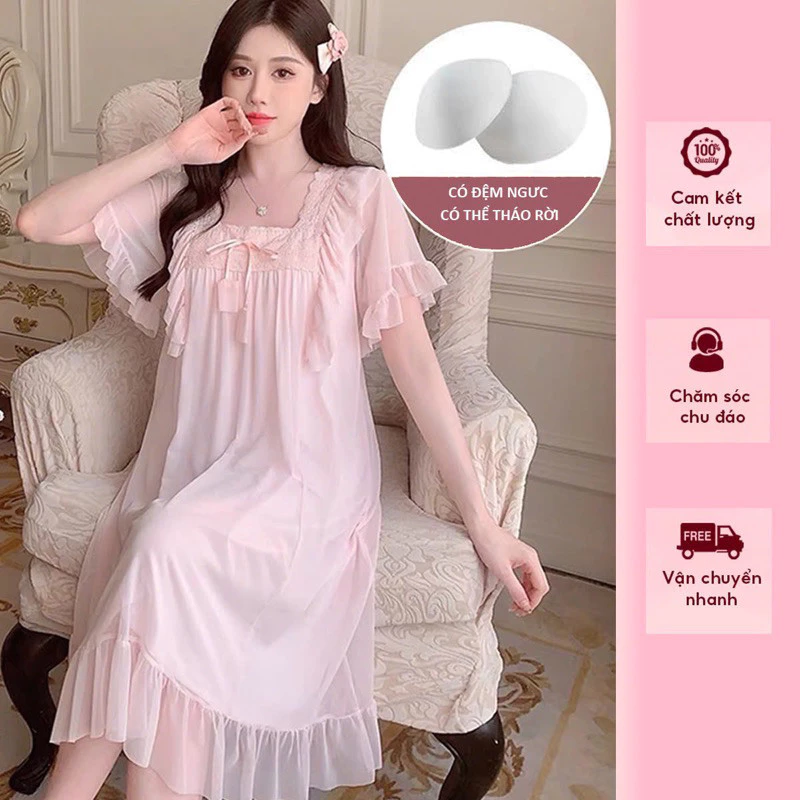 [Pre-Order]-Đầm ngủ ren nơ lưới, hàng QCCC, có đệm ngực