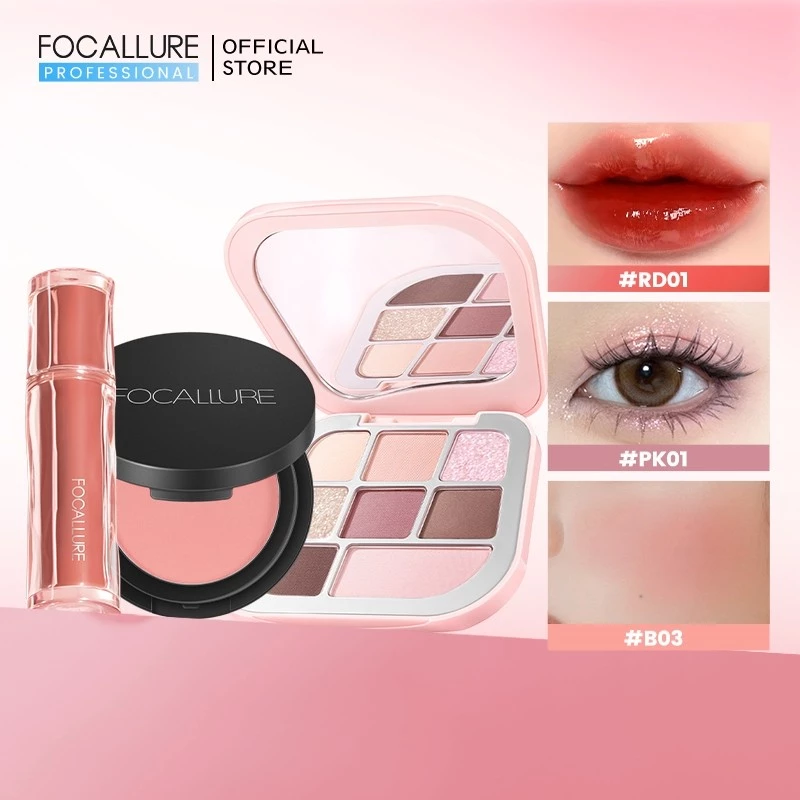 Bộ trang điểm Focallure 3 Bảng phấn mắt + Phấn má hồng + Son bóng lâu trôi
