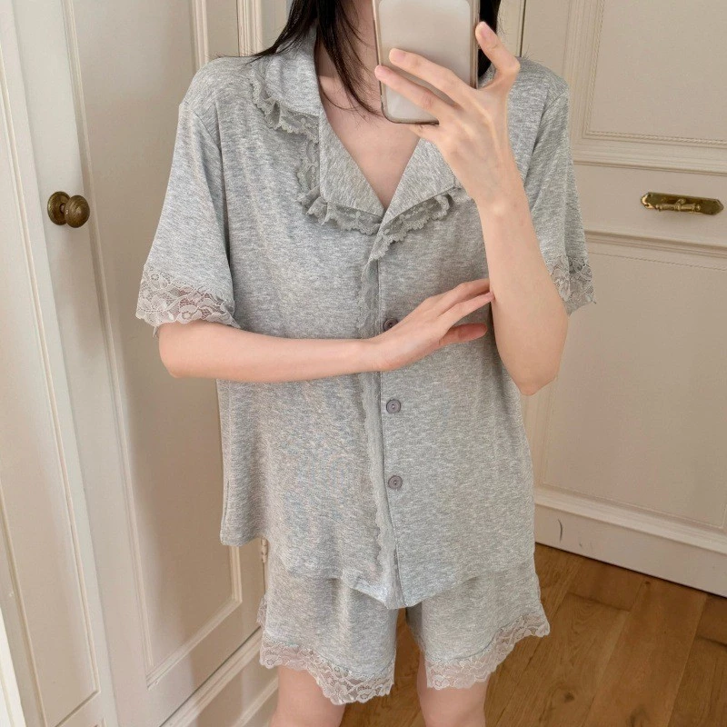 Bộ pijama nữ tay dài mùa xuân thu phối ren thanh lịch đồ mặc nhà cao cấp mềm mại thoải mái xu hướng