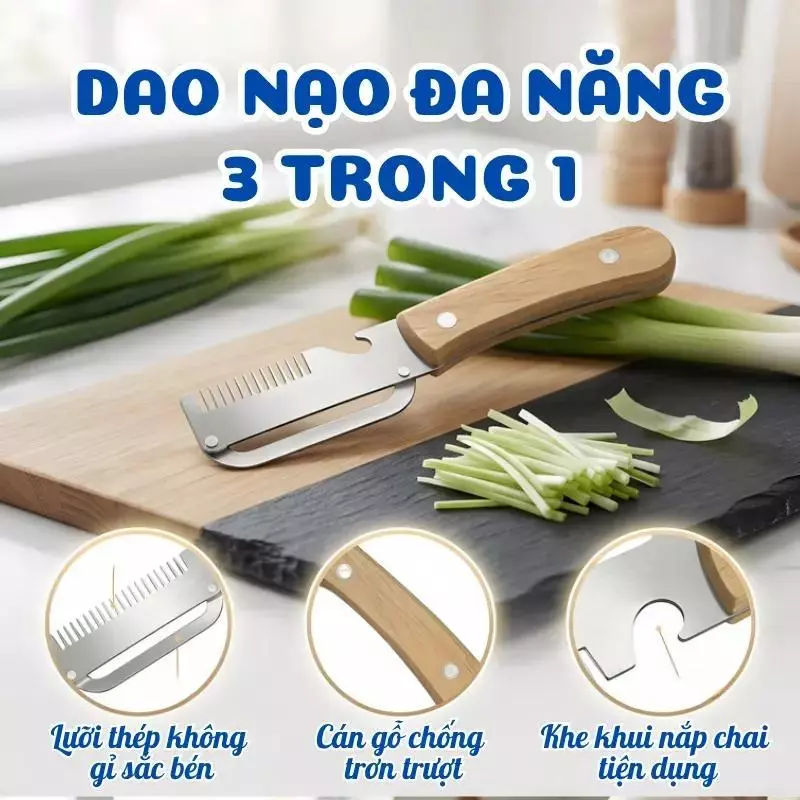 Dao Nạo Hành 3 Trong 1, Cắt Sợi Hành Nạo Vỏ Rau Củ Khui Nắp Chai, Thép Không Gỉ, Tay Cầm Gỗ Chống Trượt, Dễ Vệ Sinh