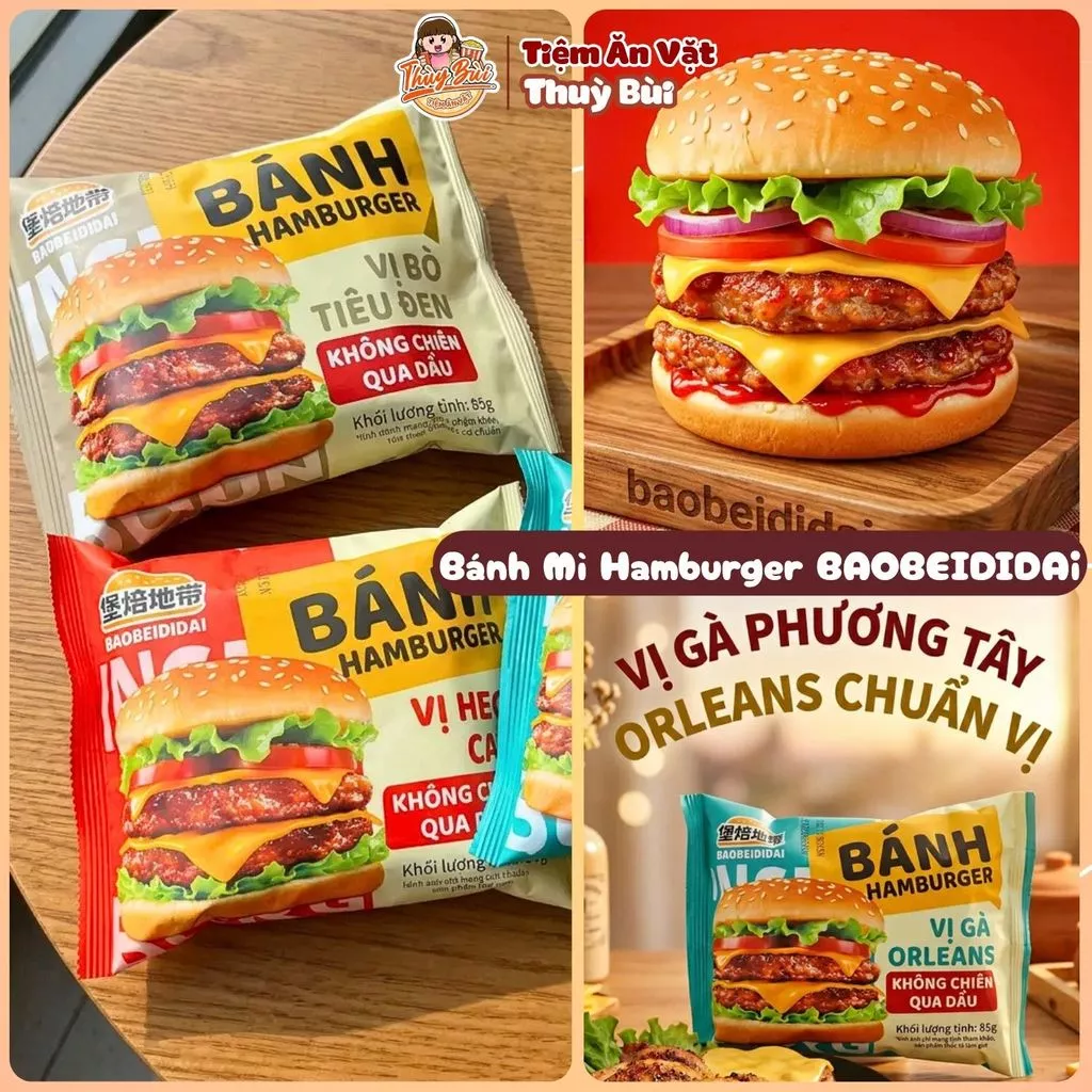 Bánh Hamburger Ăn Liền BAOBEIDIDAI – Vị Gà Orleans, Bò Tiêu Đen, Heo Cay, Không Chiên Dầu, Tiện Lợi