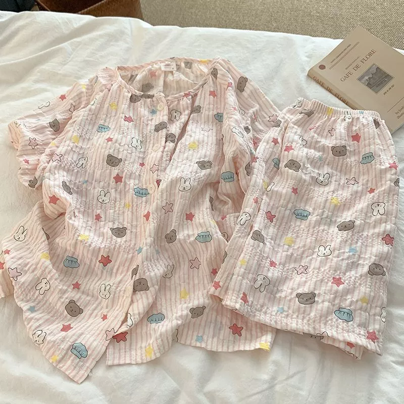 Quần Short tay ngắn mùa hè có miếng đệm ngực Bộ đồ ngủ hoạt hình Nhật Bản dễ thương Bộ đồ mặc nhà
