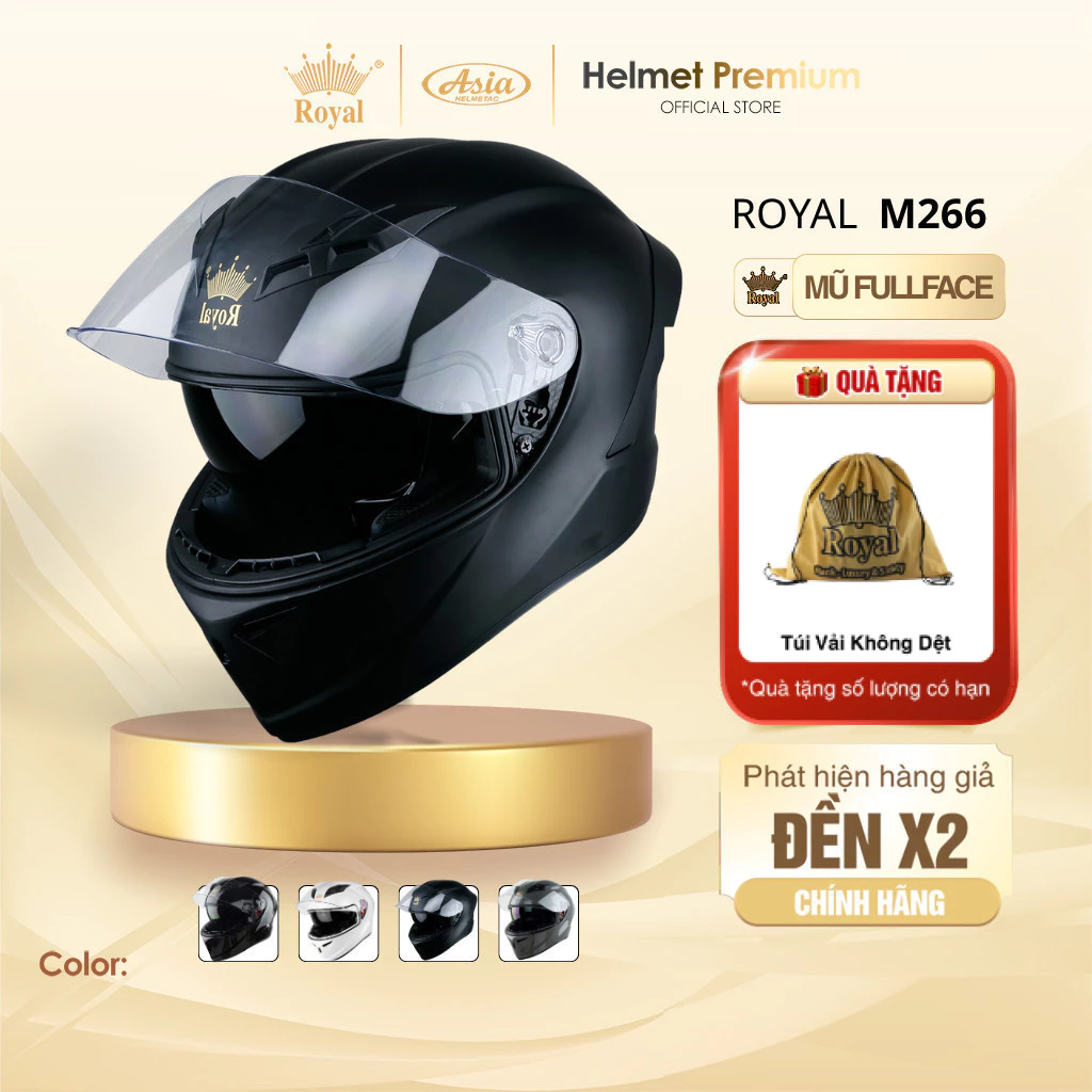 Mũ Bảo Hiểm Fullface Royal M266 2 Kính Chính Hãng Màu Đen Mờ Chùm Đầu Chính Hãng