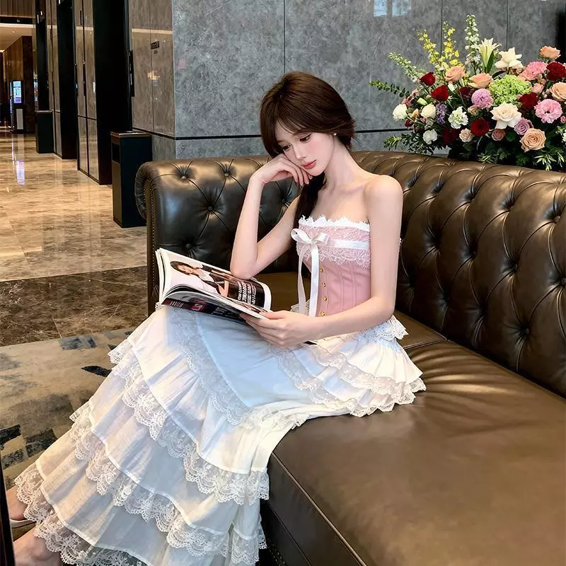 Ngọt Ngào Một Vai Nơ Ren Áo Ống Top Ren Xương Cá Hẹp Eo Mỏng Hơn Nhìn Tuổi-Giảm