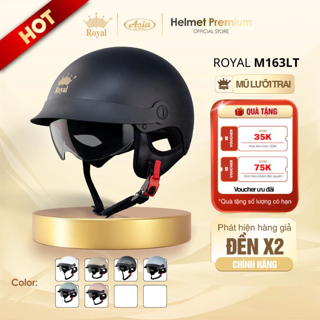 Mũ Bảo Hiểm Nữa Đầu Royal M163 Kính Âm Lưỡi Trai, Nón Bảo Hiểm1/2 Nam Nữ Kính Âm Bảo Hành 12 Tháng