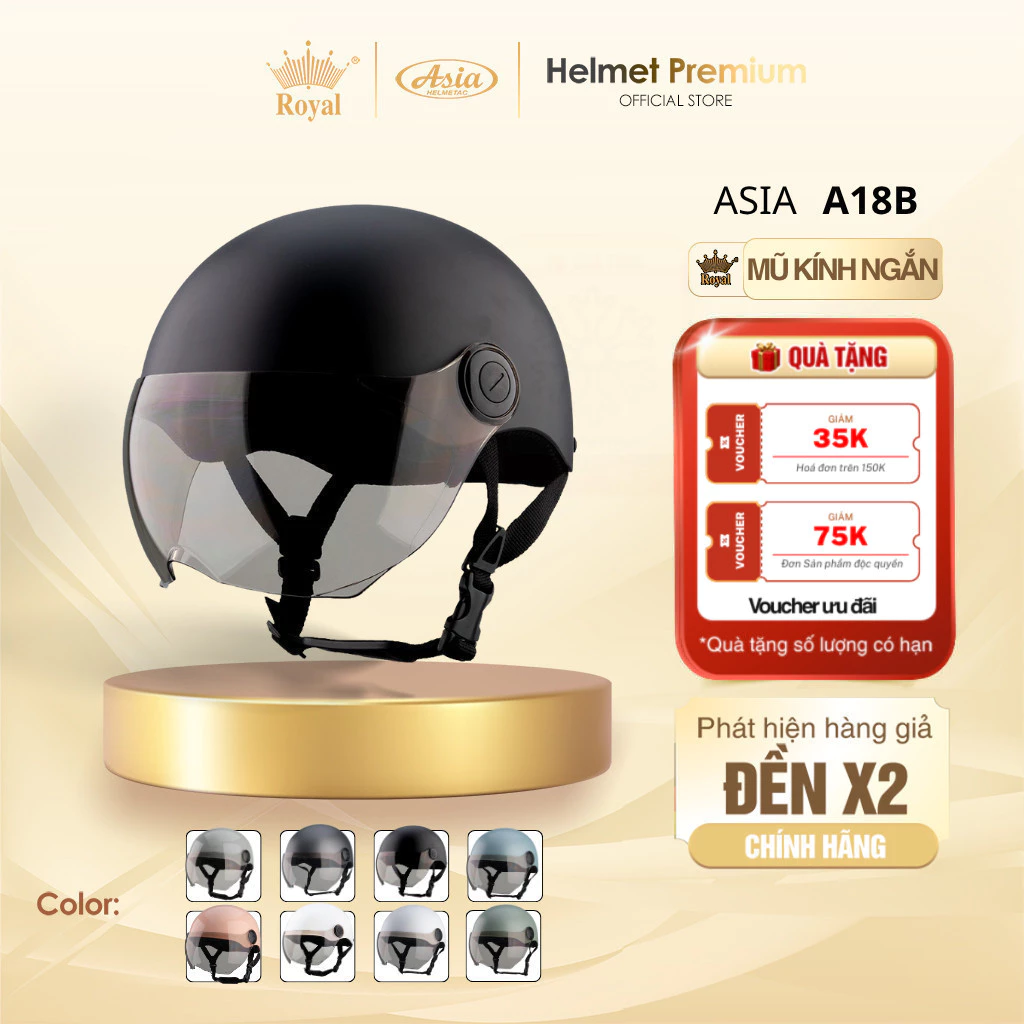 [Độc Quyền] Mũ Bảo Hiểm Nửa Đầu Nam Nữ Có Kính Asia A18B - Đen Nhám, Kính Trà, Vỏ Abs, Sơn Tĩnh Điện
