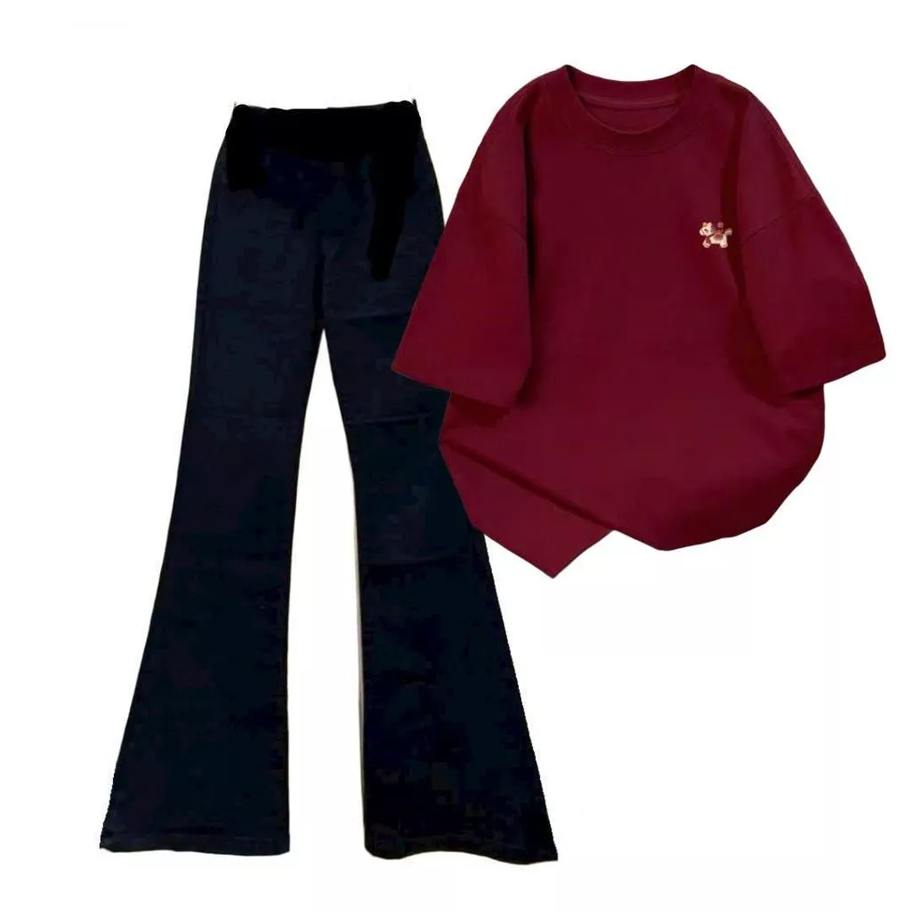 Bộ nữ quần ống loe dáng dài + mix áo phông hình - kỳ lân unisex thời trang thubio