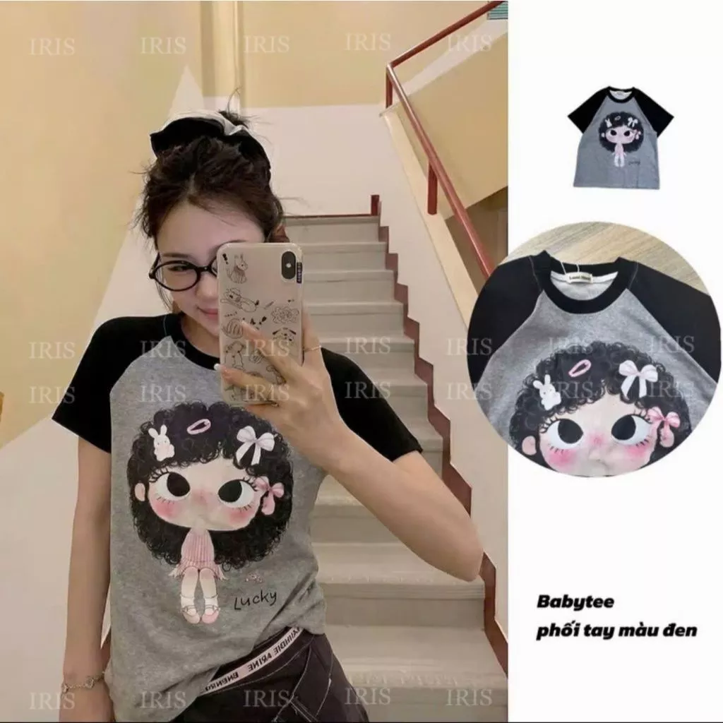 Áo phông cô gái tóc xù babytee raglan phối màu cổ tròn, áo thun nữ cotton mềm mịn phong cách ulzzang dễ thương