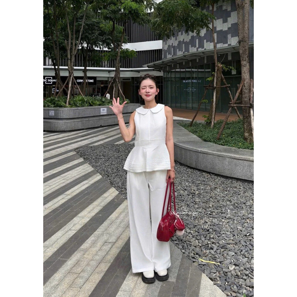 Set linen áo peplum sát nách cổ sen nẹp li xoè + quần suông ống rộng có túi dễ thương, nữ tính MyaHouse