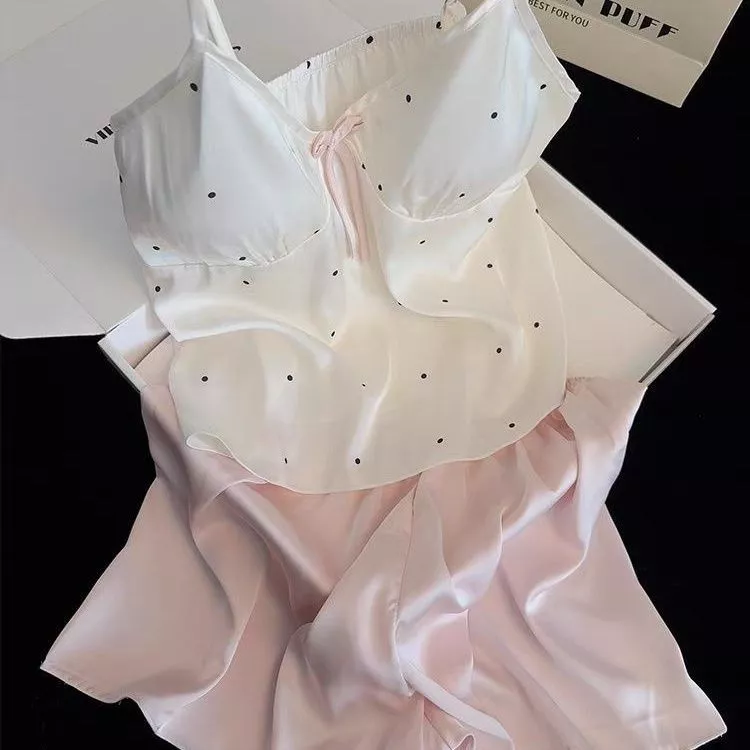 [Pre-Order]-06 Áo hai dây chấm bi mới có đệm ngực, bộ đồ mặc nhà mùa hè bằng vải lụa băng ngọt  mẫu mới hàng QC