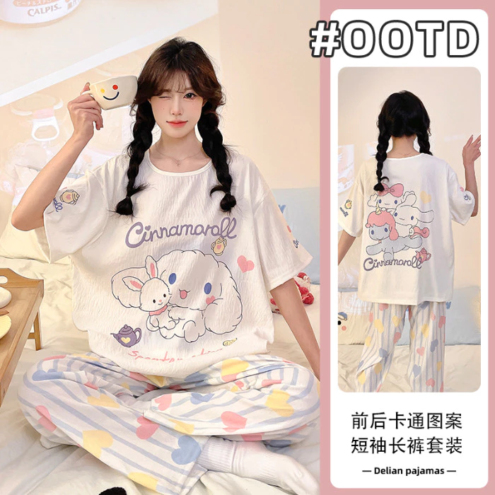 Bộ đồ ngủ nữ tay ngắn họa tiết hoạt hình dễ thương, phù hợp mặc nhà mùa hè