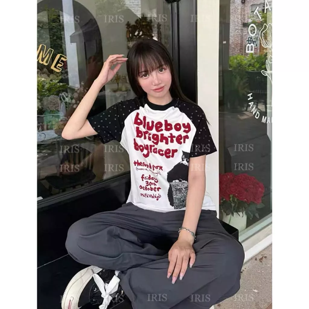 Áo phông nữ babytee raglan Blueboy phối màu xanh retro họa tiết chấm bi  áo thun ôm dáng chất cotton thoáng mát