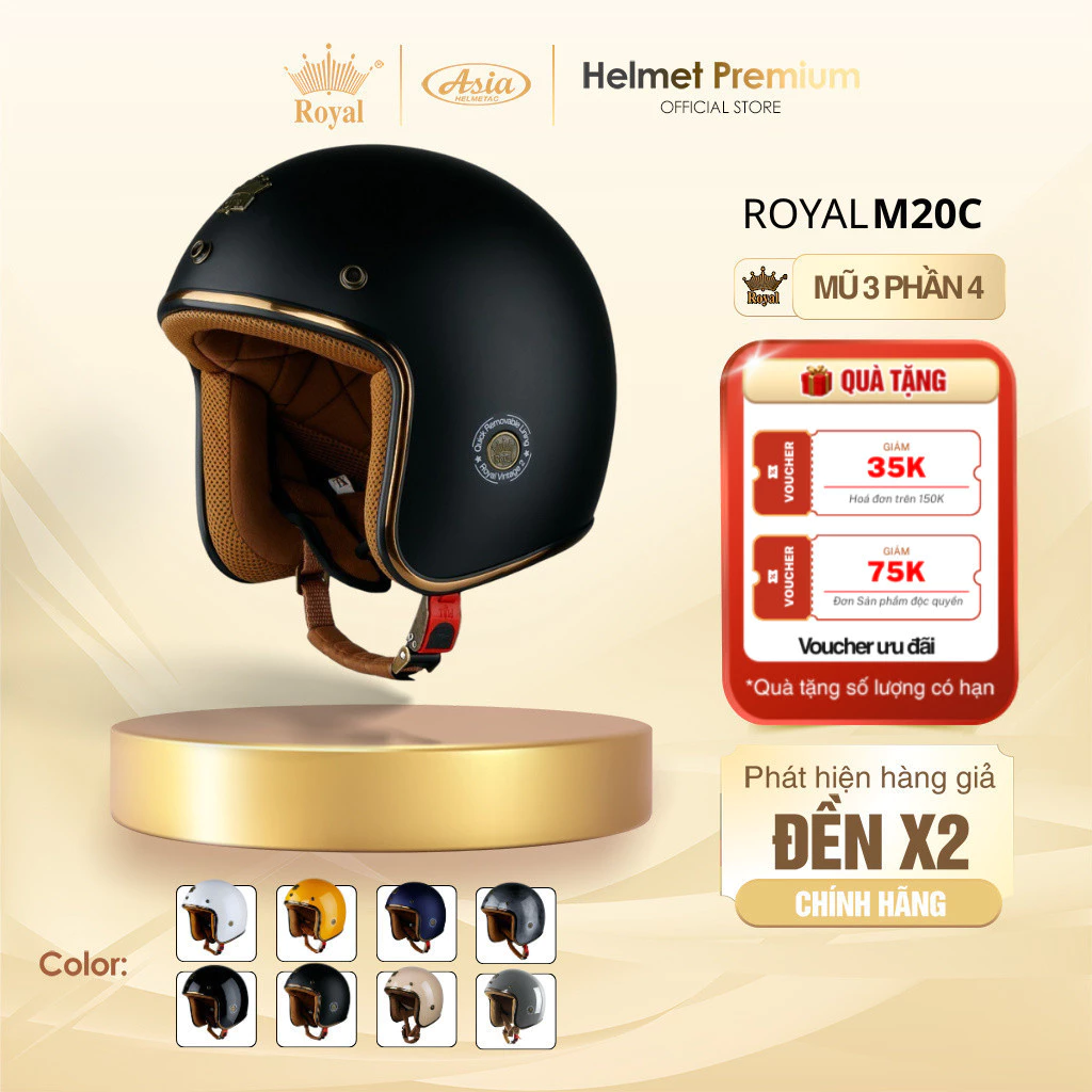 Mũ Bảo Hiểm 3/4 Royal M20C, Nón Bảo Hiểm Phong Cách Vintage Thời Trang Nam Nữ Moto Xe Máy 12 Tháng