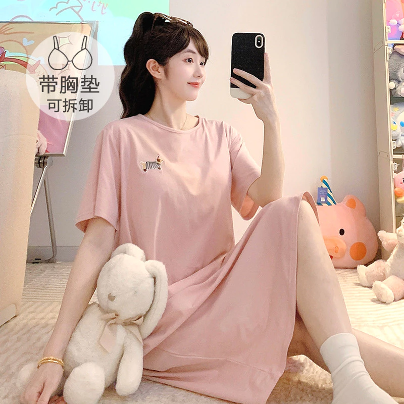 Váy ngủ bộ plus size cotton, tay ngắn, màu trơn cho người mập từ M đến 5XL