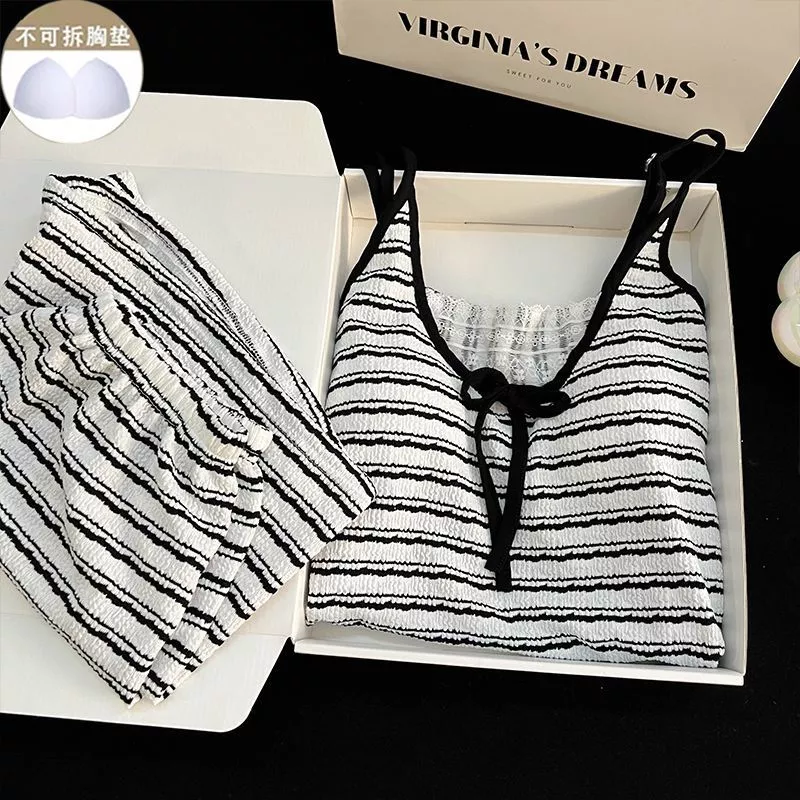Bộ đồ ngủ ren ngọt ngào và dễ thương dành cho nữ, kiểu dáng mùa hè mới có đệm ngực, quần short sọc, bộ đồ mặc nhà-Order