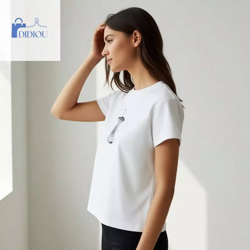 Áo nữ kiểu tối giản, in hình quả táo đen trắng kiểu Mỹ, phong cách công sở, áo thun đa năng.