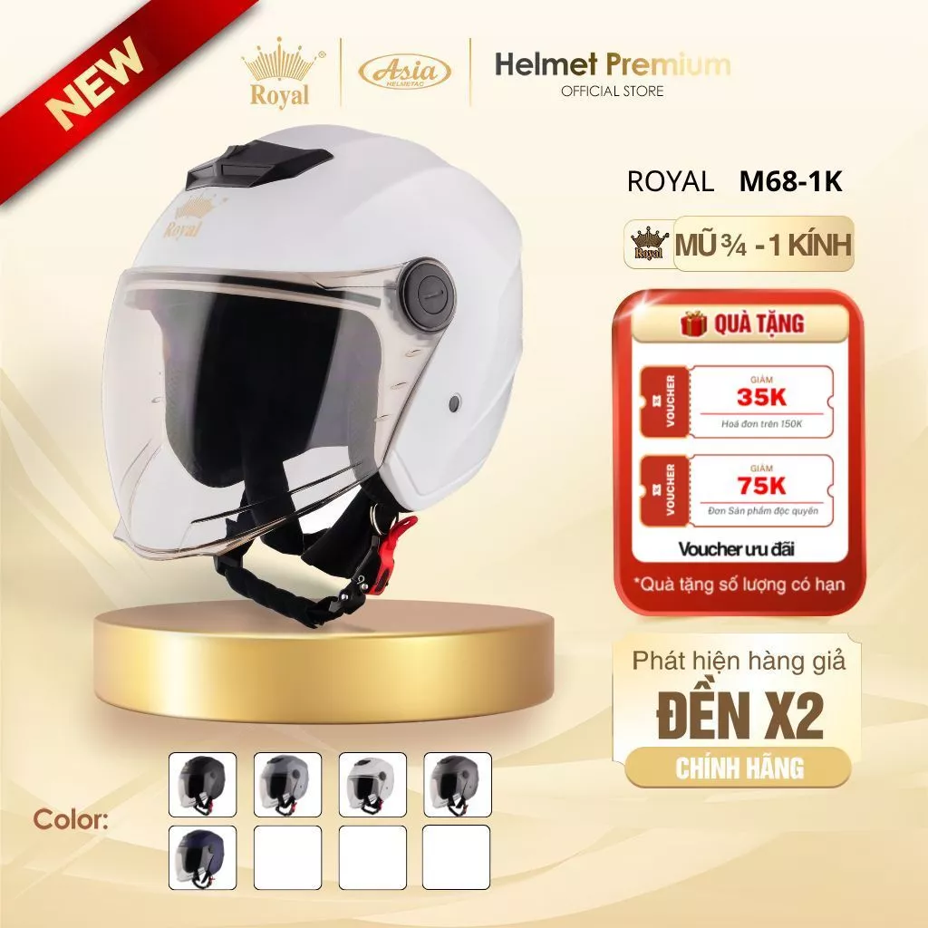 Mũ Bảo Hiểm 3/4 Royal M68 (1 Kính) Chính Hãng, Royal Helmet Kính Âm Đi Phượt