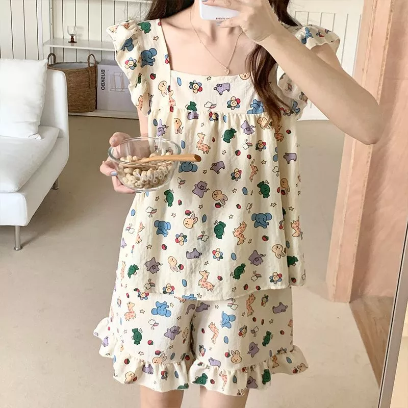Bộ đồ ngủ mùa hè dành cho nữ, gồm áo hai dây tay bồng và áo camisole, phong cách dễ thương và tươi mới - Hàng Order