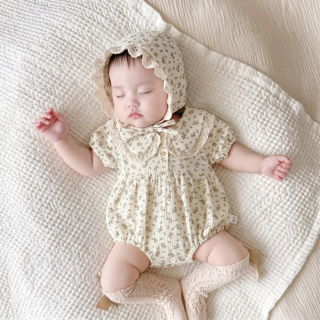 Bộ áo liền quần ngắn tay có hoa mùa hè cho bé gái 0-2 tuổi