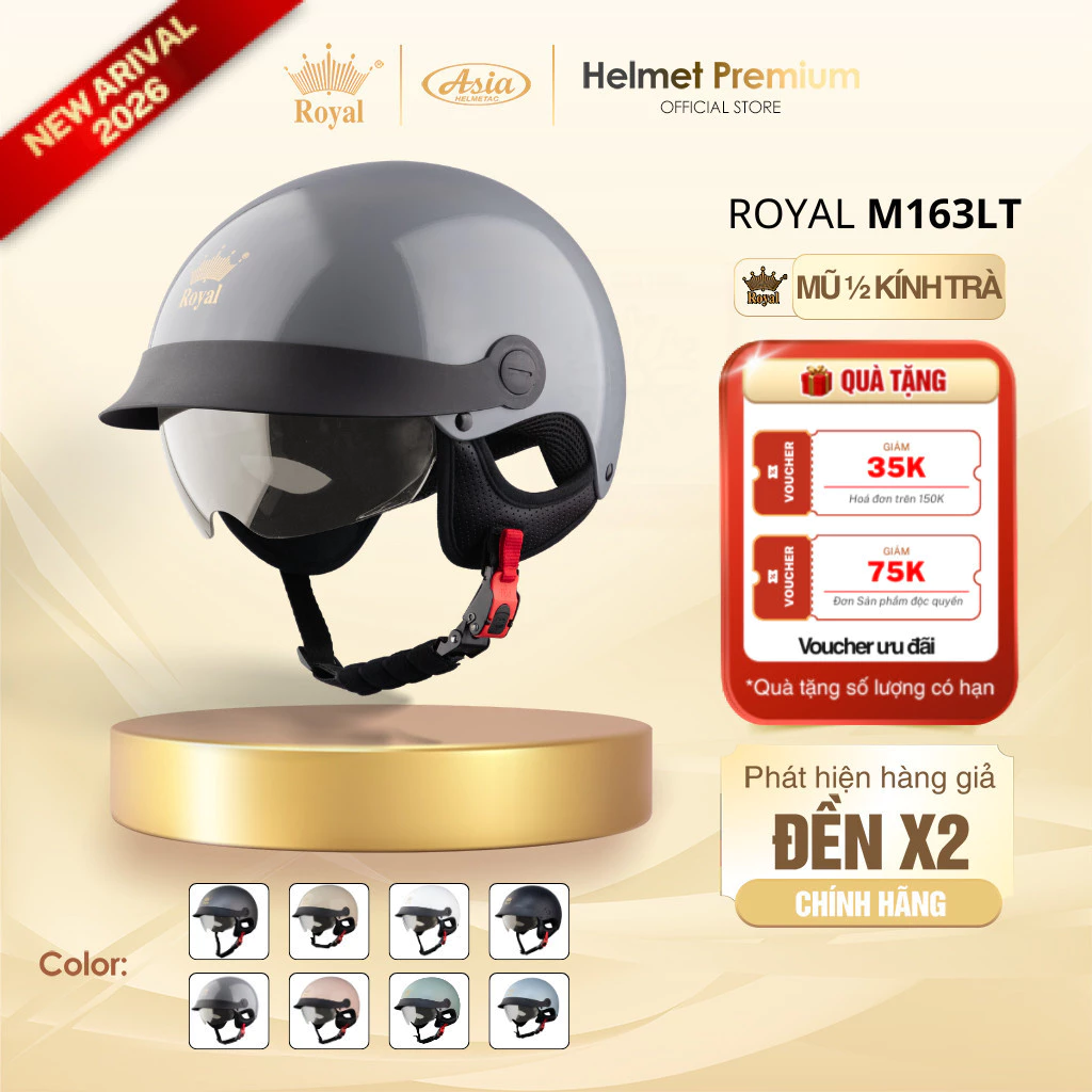 [Độc Quyền] Mũ Bảo Hiểm Nữa Đầu Royal M163 Kính Trà, Nón Bảo Hiểm 1/2 Thời Trang Nam Nữ, Kính Âm