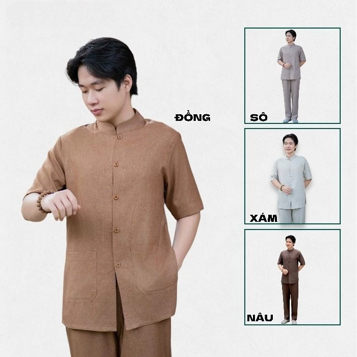 Đồ lam đi chùa nam tay ngắn kiểu lãnh tụ vải Linen Ấn cao cấp mềm mịn mát