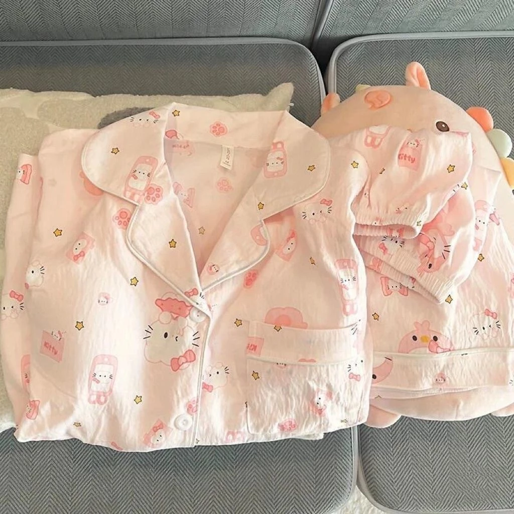 Bộ đồ mặc nhà nữ mùa xuân thu cardigan tay dài chất cotton mềm form rộng trẻ trung dễ thương