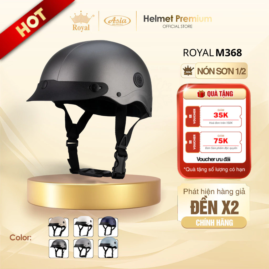 Mũ Bảo Hiểm Nam Nữ Nửa Đầu Royal M368 Lưỡi Trai Và M368K Kính Trà, Nón Sơn Nhiều Màu Chính Hãng