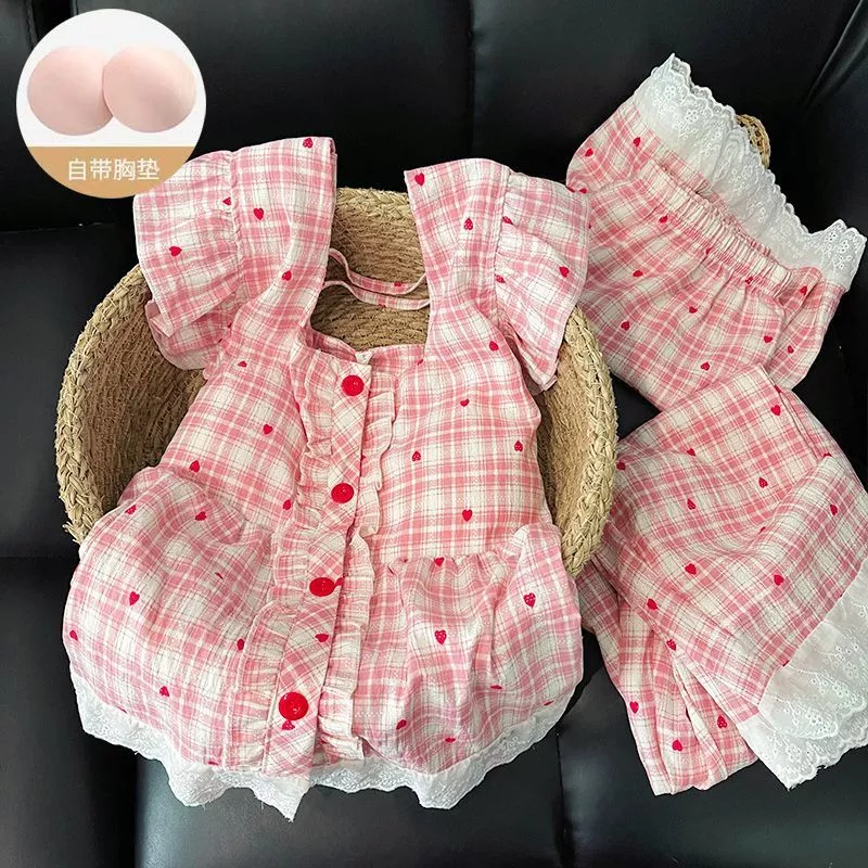 Bộ đồ ngủ ba mảnh mùa hè dành cho nữ với viền ren kẻ caro, có thể mặc ra ngoài, bộ đồ ngủ có đệm ngực bồng bềnh - Order