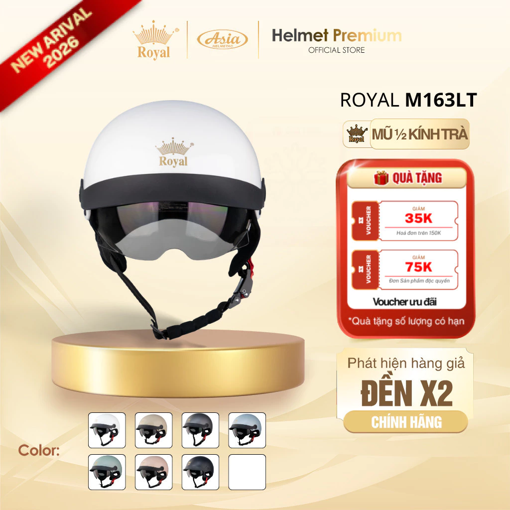 Mũ Bảo Hiểm Nữa Đầu Royal M163 Kính Trà Lưỡi Trai, Nón Bảo Hiểm Nam Nữ Kính Âm Bảo Hành 12 Tháng