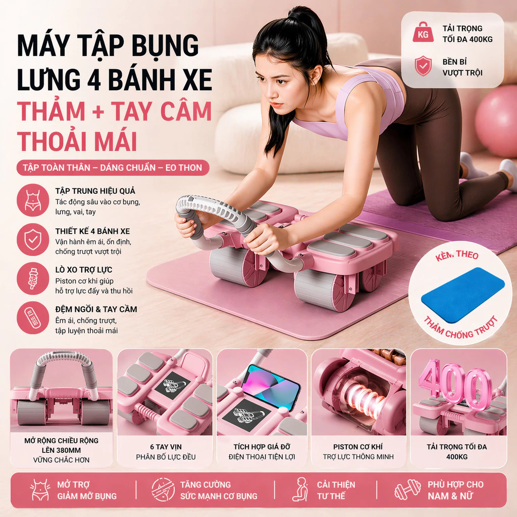 Con Lăn Tập Bụng Tự Động Có Trợ Lực, Máy Tập Cơ Bụng Đa Năng, Tặng Kèm Bánh Yoga, Chống Trượt